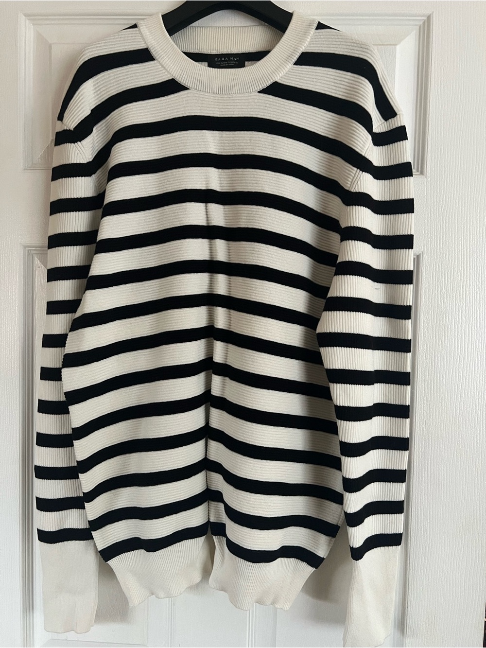 Zara Cream and Black Striped Crewneck Sweater
